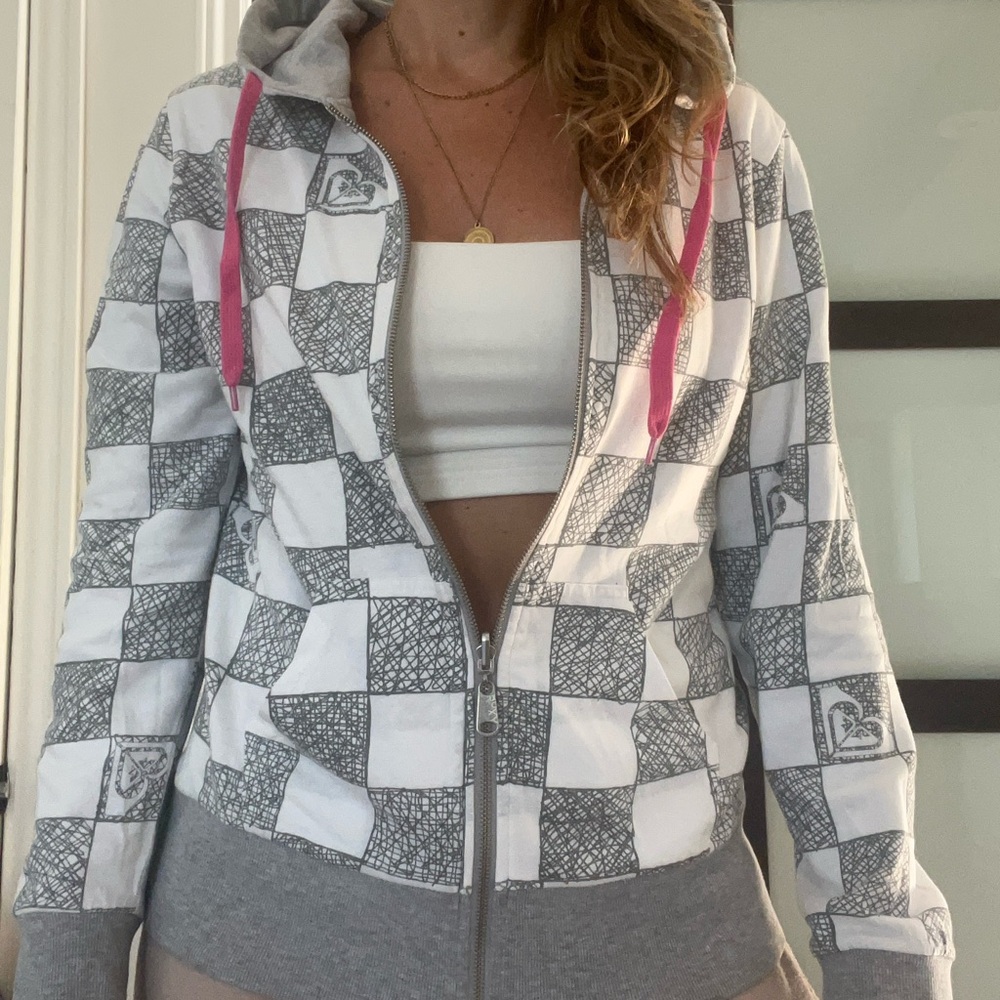 Roxy Checkered Hoodie - White and Gray with Pink Accents and reversible